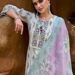 Indo Era Floral Printed Regular Thread Work Pure Cotton Kurta with Trousers & With Dupatta image 2