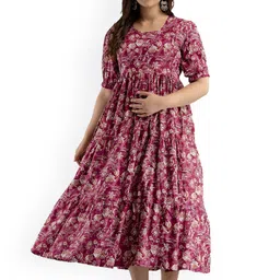 Charnest Floral Printed Round Neck Maternity A-Line Dress-picture-49