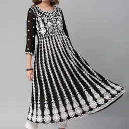 KALINI Round Neck Floral Embroidered Chikankari Anarkali Georgette Kurta-18
