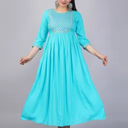 JAIPURI COLLECTION Women Turquoise Blue & Pink Floral Embroidered Anarkali Kurta-image-16