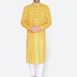 NAMASKAR Men Yellow Cotton Linen Printed Kurta-image-23