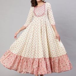 NYPA Floral Printed Embroidered Round Neck Mirror Work Anarkali Kurta-57