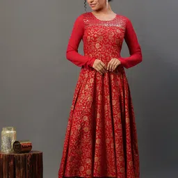 AURELIA Floral Printed Sequinned A-Line Ethnic Dress-image-1