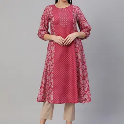 KAMI KUBI Women Pink Floral Print Embroidered Yoke Design Art Silk Anarkali Kurta-image-17