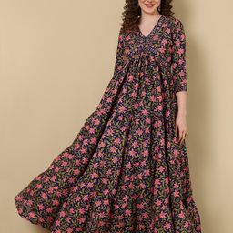 GLAM ROOTS Floral Printed V-Neck Gotta Patti Flared Anarkali Kurta-16