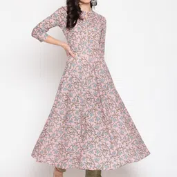 GLAM ROOTS Mandarin Collar Three Quarter Sleeves Floral Printed Cotton Anarkali Kurta-image-78