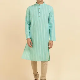 Fabindia Striped Band Collar Straight Cotton Kurta-image-83