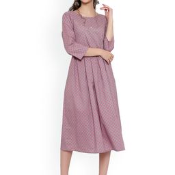 Alakh Creation Floral Print Round Neck Pleated Cotton A-Line Kurta-image-3
