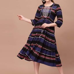 PRAKRTEE Women Black Printed A-Line Ethnic Dress-image-17