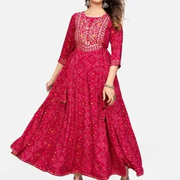 KALINI Women Pink Bandhani Printed Mirror Work Anarkali Kurta-picture-1