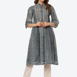 Biba Women Grey Floral Yoke Design Thread Work Anarkali Kurta-picture-23