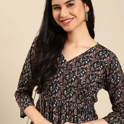 SHOWOFF Women Black & Brown Printed Cotton Angrakha Kurta-image-99