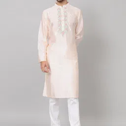 HILO DESIGN Ethnic Motifs Embroidered Mandarin Collar Cotton Silk Kurta-image-86