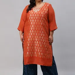 W Women Red Ethnic Motifs Thread Work Kurta-image-16