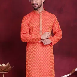 Anouk Orange Ethnic Motifs Woven Design Mandarin Collar Cotton Silk Straight Kurta-image-31