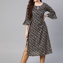 KALINI Ethnic Motifs Printed Keyhole Neck Bell Sleeves Cotton Straight Kurta-image-34