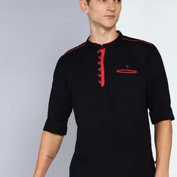 Kuons Avenue Linen Cotton Mandarin Collar Roll Up Sleeve Pathani Short Straight Kurta-picture-35
