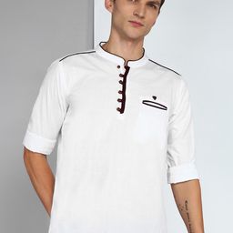 Kuons Avenue Linen Cotton Mandarin Collar Roll Up Sleeve Pathani Short Straight Kurta-image-101