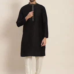 SOJANYA Men Black Ethnic Motifs Yoke Design Jacquard Kurta-image-41