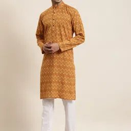SOJANYA Men Mustard Yellow & Cream-Coloured Printed Cotton Kurta-1