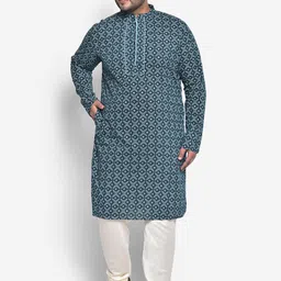 KISAH PLUS Men Plus size Blue Geometric Printed Thread Work Kurta-12