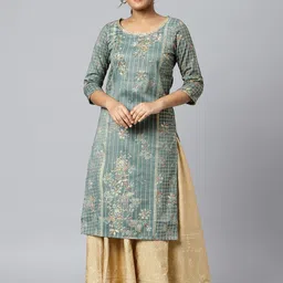 AURELIA Women Green & Gold Printed Straight Kurta-55