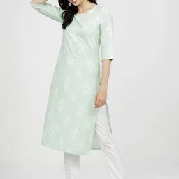 KETCH Women Green & White Ethnic Motifs Khari Printed Straight Kurta-picture-28