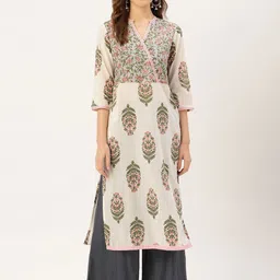 Jaipur Kurti Women Off-White & Pink Printed Straight Kurta-picture-52