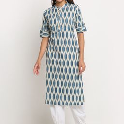 KALINI Geometric Printed Floral Mandarin Collar Straight Cotton Kurta-image-34