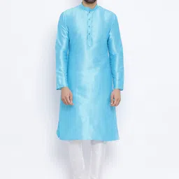 NAMASKAR Men Blue Solid Dupion Silk Straight Kurta-picture-22
