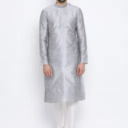 NAMASKAR Men Silver-Coloured Solid Dupion Silk Straight Kurta-picture-57