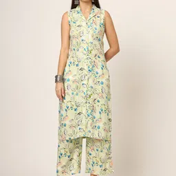 Divena Floral Printed Lapel Collar Sleeveless Straight Kurta With Trouser-28