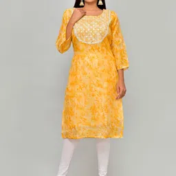 Kesarya Women Yellow & White Ethnic Motifs Embroidered Mirror Work Kurta-image-4