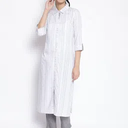 AURELIA Women White & Grey Striped Straight Kurta-picture-42
