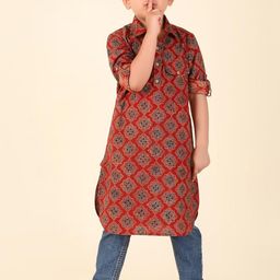 Fabindia Boys Ethnic Motifs Printed Band Collar Pathani Kurta-image-98