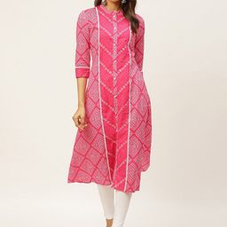 FABRIC FITOOR Women Pink & White Bandhani Printed Cotton Pastels Kurta-20