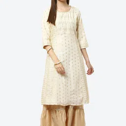 Rangriti Women Off White Ethnic Motifs Printed Brocade Anarkali Kurta-picture-6