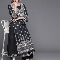 Biba Women Black & White Pure Cotton Geometric Printed Layered Kurta-picture-56