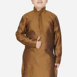 SG YUVRAJ Boys Floral Embroidered Mandarin Collar Jacquard Weave Raw Silk Straight Kurta-4
