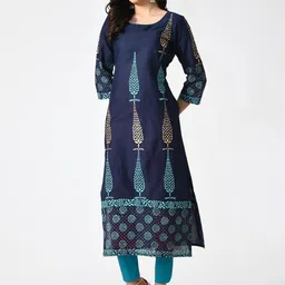 KALINI Round Neck Ethnic Motifs Straight Cotton Kurta-picture-47
