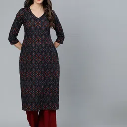 AKS Ethnic Motifs Printed V-Neck Cotton Straight Kurta-picture-52