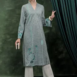 Vishudh Green Floral Embroidered Thread Work V-Neck Straight Kurta-image-58