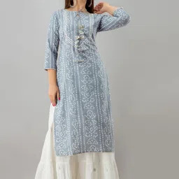 HERE&NOW Blue & White Bandhani Printed Gotta Patti Straight Kurta-24