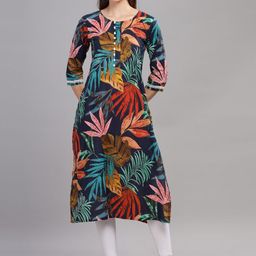 THE VASILIKI Tropical Printed Round Neck Pure Cotton Straight Kurta-25