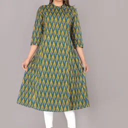 KANNAHI Ethnic Motifs Printed Band Collar Cotton A-Line Kurta-18
