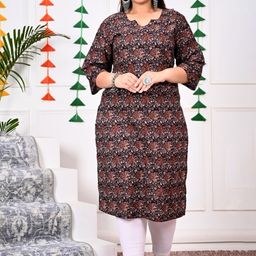 Swasti Brown Floral Printed Cotton Straight A-Line Kurta-15