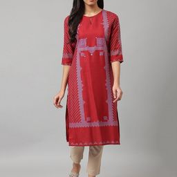 W Women Red Geometric Printed Keyhole Neck Kurta-10