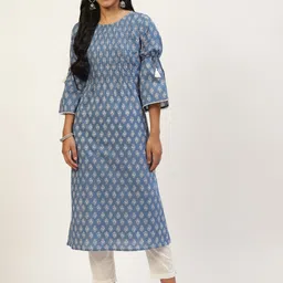 RangDeep Women Blue & White Ethnic Motifs Printed Bell Sleeves Kurta-image-10