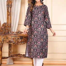 GUDWEARS Floral Printed Notch Neck Cotton Straight Kurta-picture-51