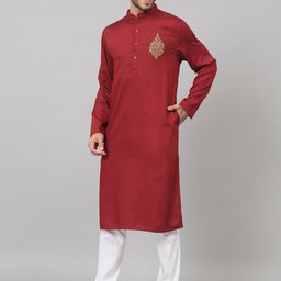 HILO DESIGN Ethnic Motifs Embroidered Mandarin Collar Cotton Straight Kurta-image-94
